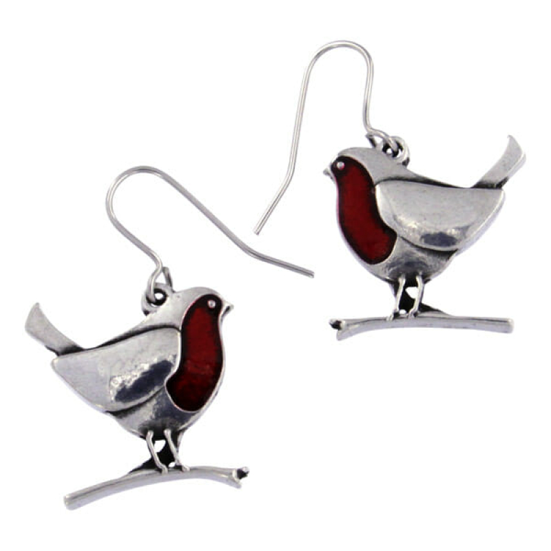 ROBINS ON BRANCHES DROP EARRINGS WITH RED ENAMEL